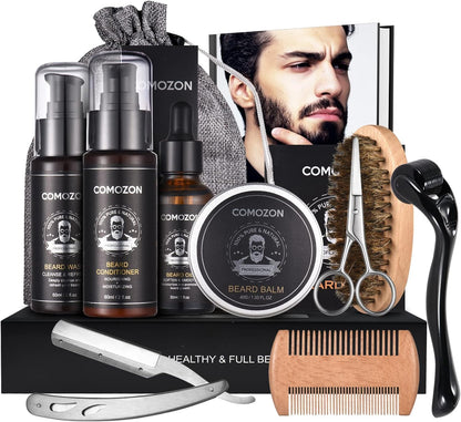 Kit Barbe Homme Complet 12 En 1, Kit De Soin Barbe Homme Avec Rouleau Barbe Contenir Huile Barbe, Shampoing Barbe,Crèmes De Barbe, Peigne Barbe,Ciseaux Barbe,Brosse À Barbe, Rasoir, 10 Lames Barbe